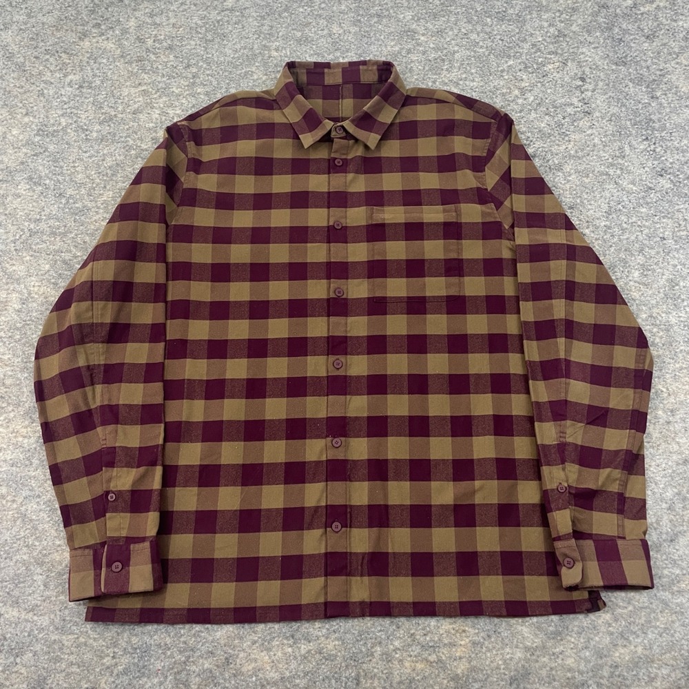 Lululemon Men's Button-Up Shirt Burgundy/Olive Plaid Long Sleeve Casual Size 2XL
